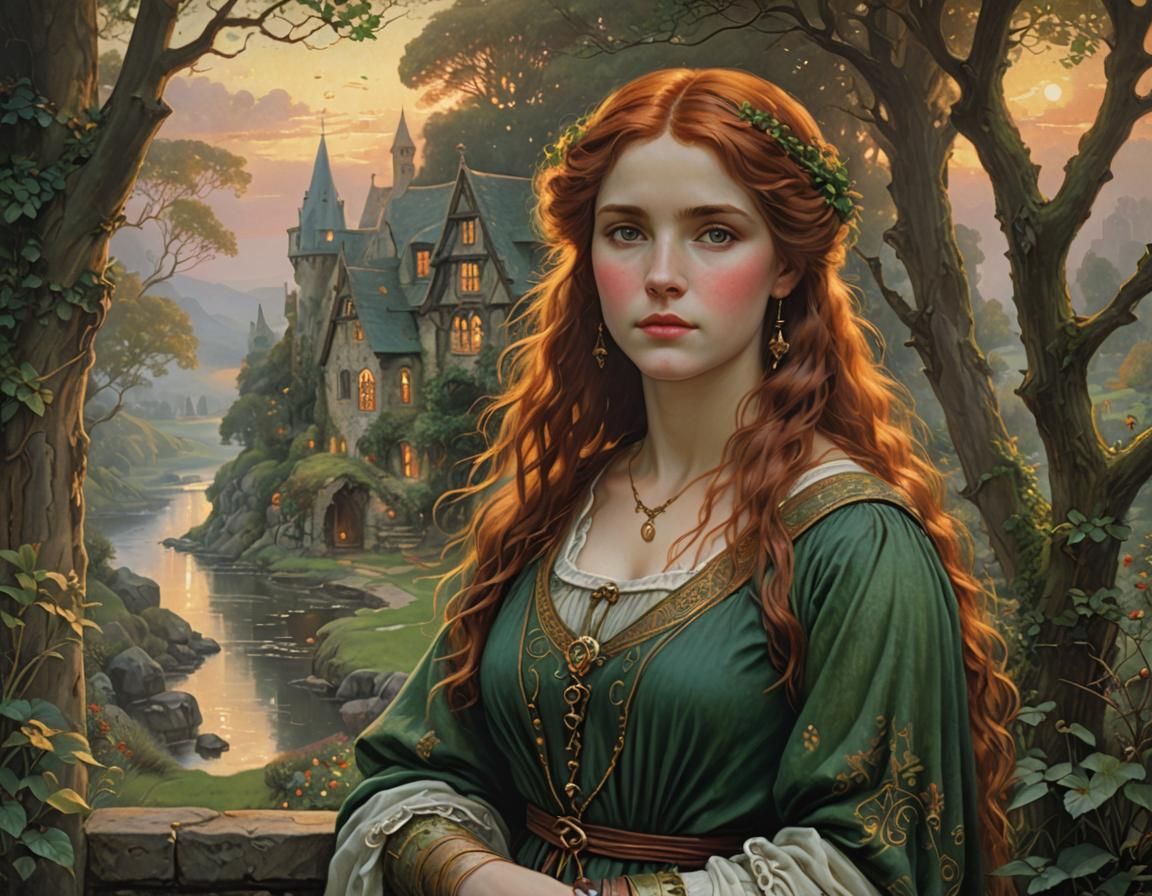 Medieval Irish Woman in Pre-Raphaelite Style Portrait