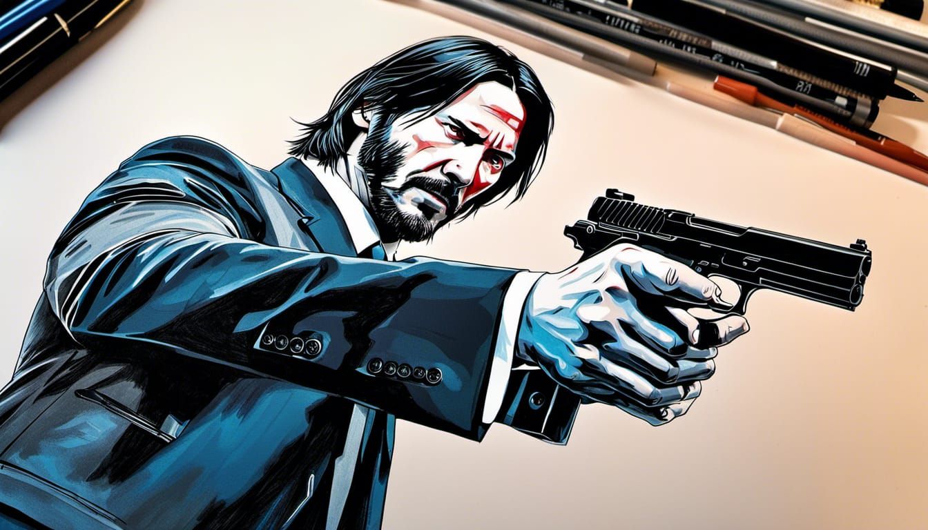 John Wick with the shooting pistol shetch on collage v.4