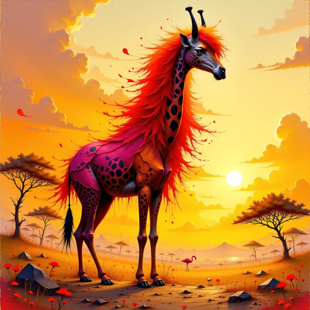 Flamingo-Giraffe Hybrid in Painterly Style