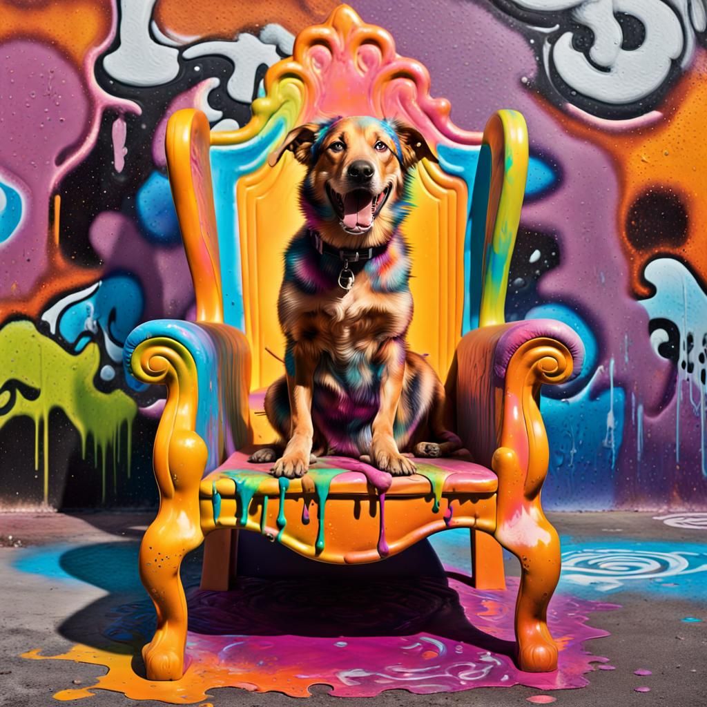 Dog on Graffiti Throne in Vibrant Street Art