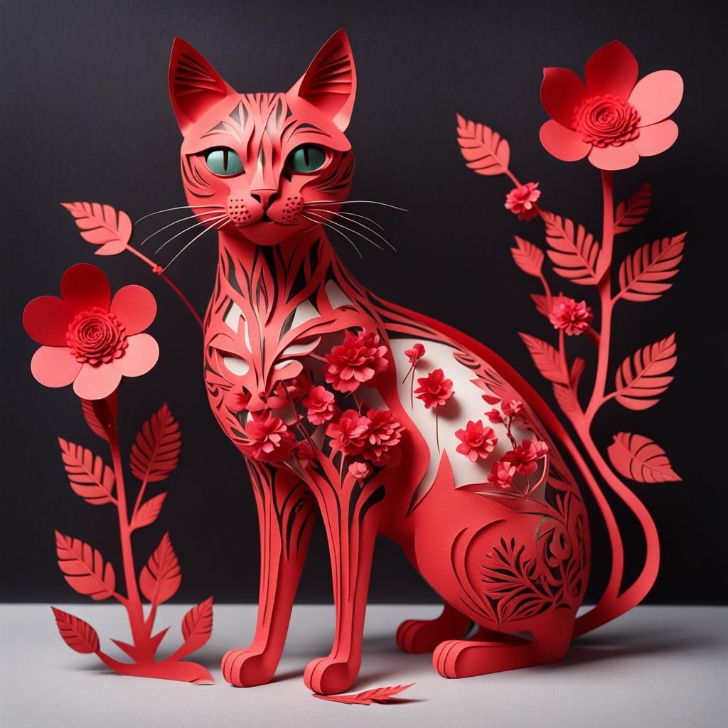 Bio-Morphed Cat with Red Paper Cut Flowers