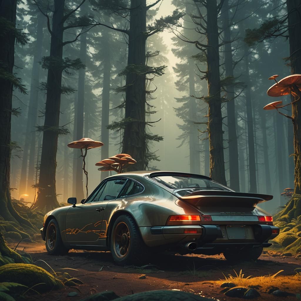 Futuristic Porsche in Mystical Forest Concept Art