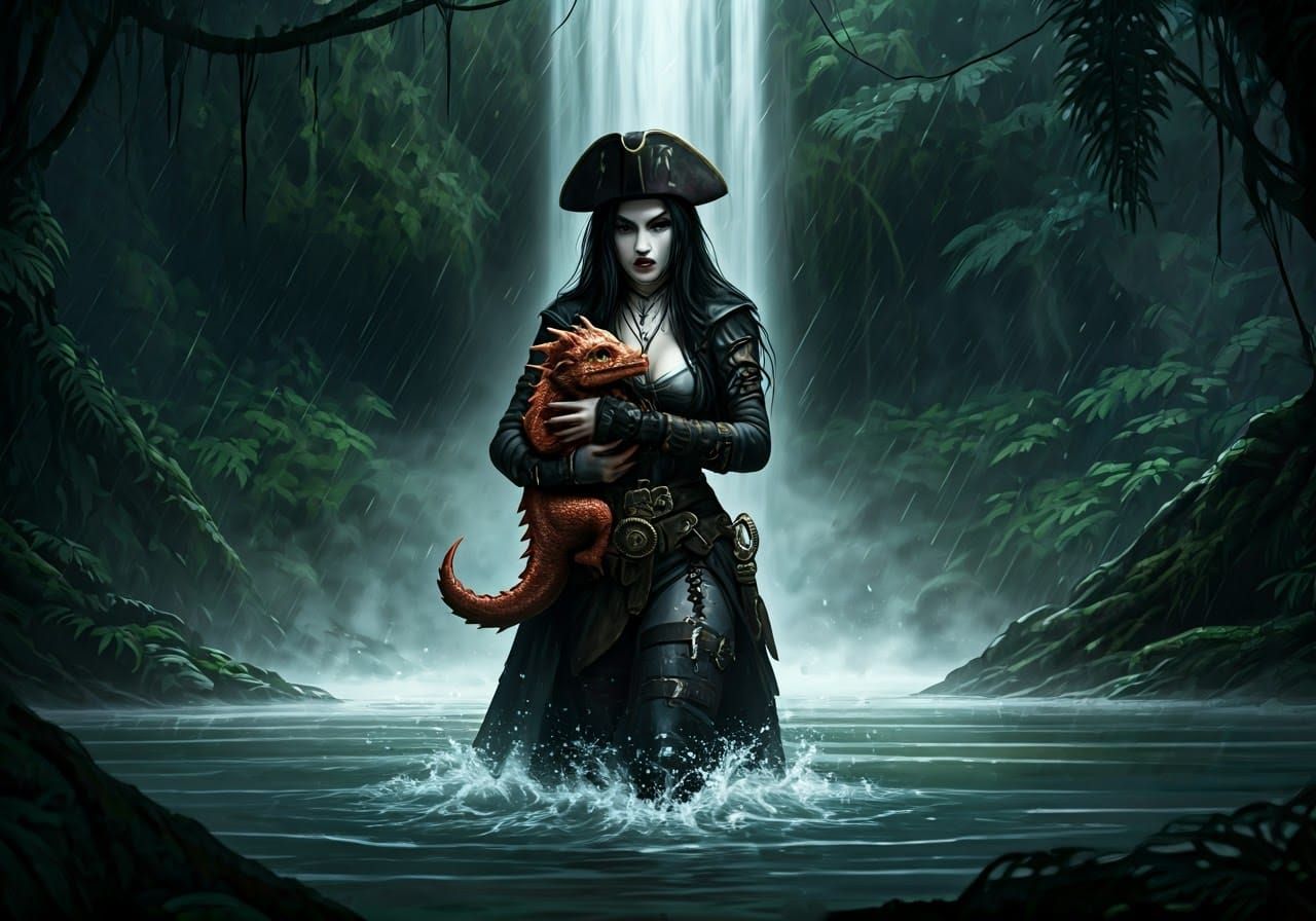 Gothic Pirate Woman with Dragon in Jungle
