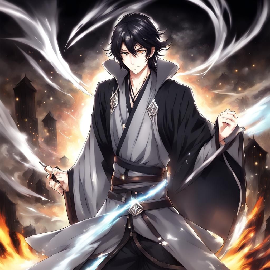 Anime Male Mage with Silver Eyes and Hair