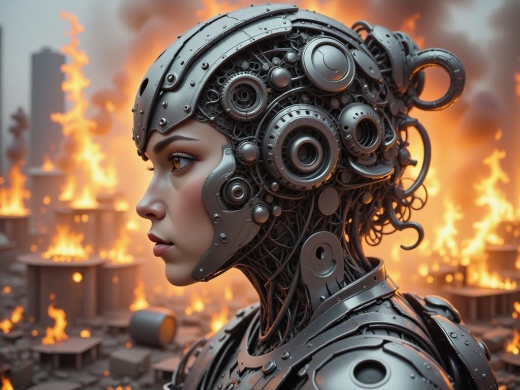 Metal Woman Profile Sculpture in Steampunk Cityscape