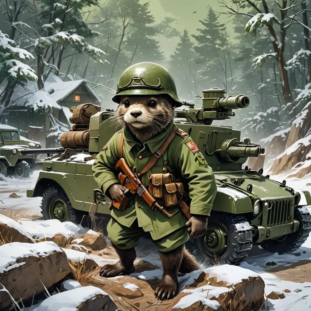 Otter Soldier in WWII Blizzard, Cel-Shaded Anime Art