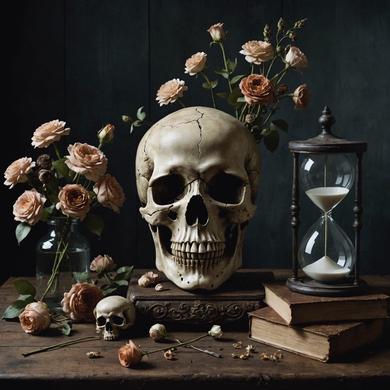 Melancholic Still Life with Skull and Hourglass
