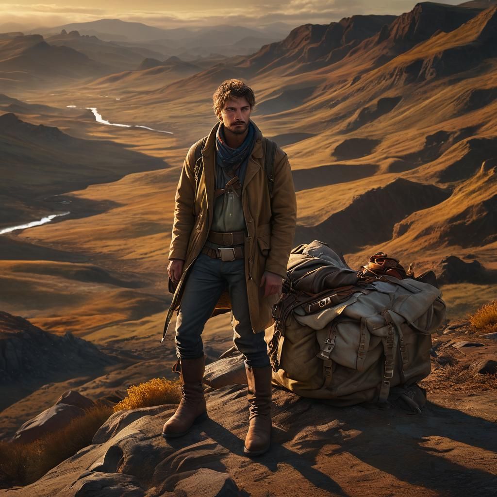 Weary Traveler Portrait in a Serene Landscape