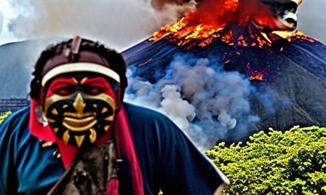 Aztec Priest with Bloody Heart Before Volcano