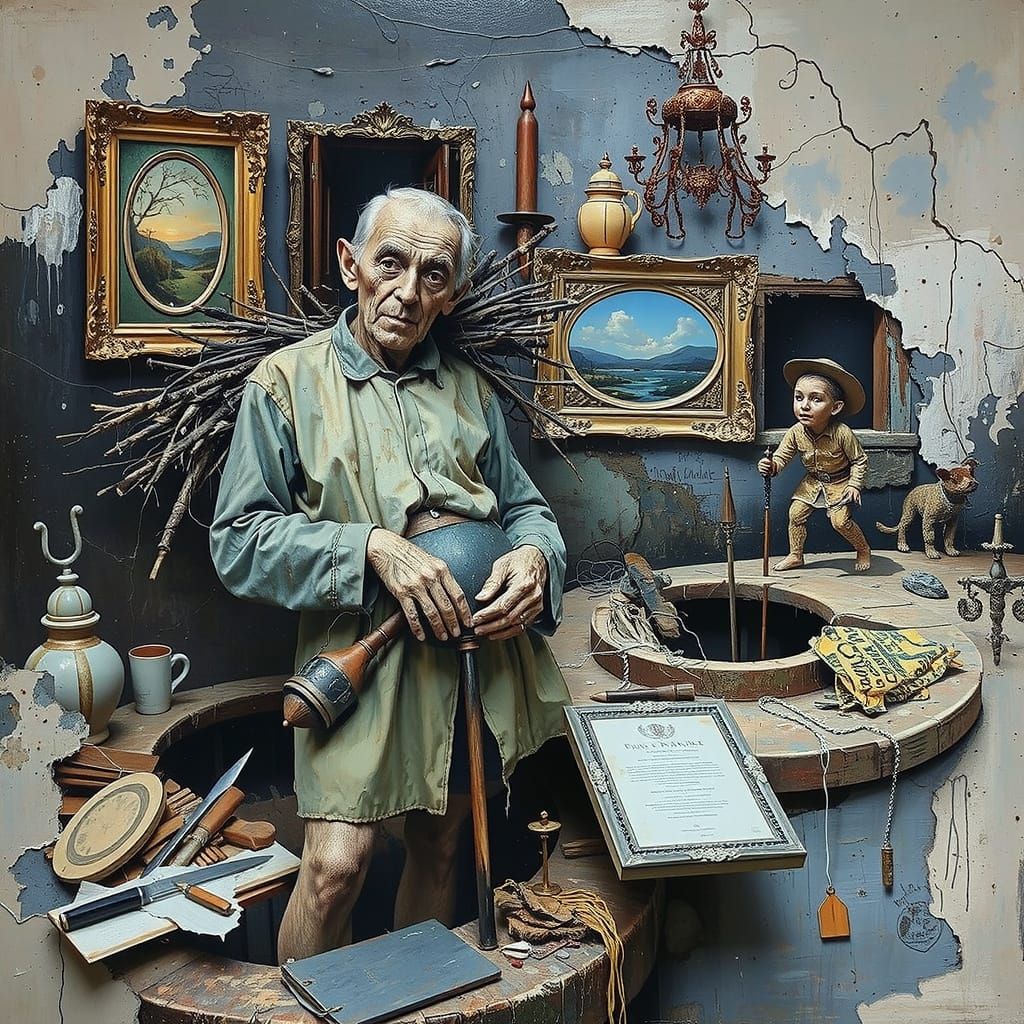Surreal Aged Man Painting on Flaking Wall