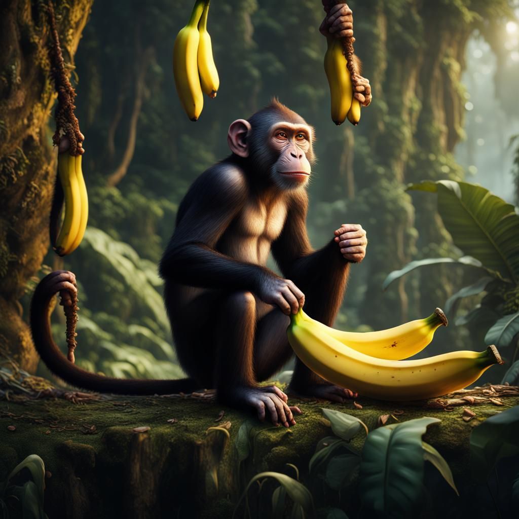 Monkey Eating Banana in Detailed Matte Painting Style