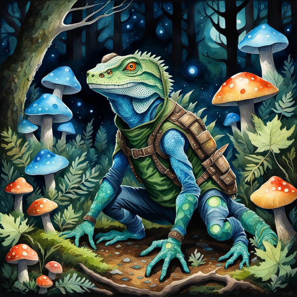 Lizardfolk Druid in Bioluminescent Forest: Watercolor Painti...