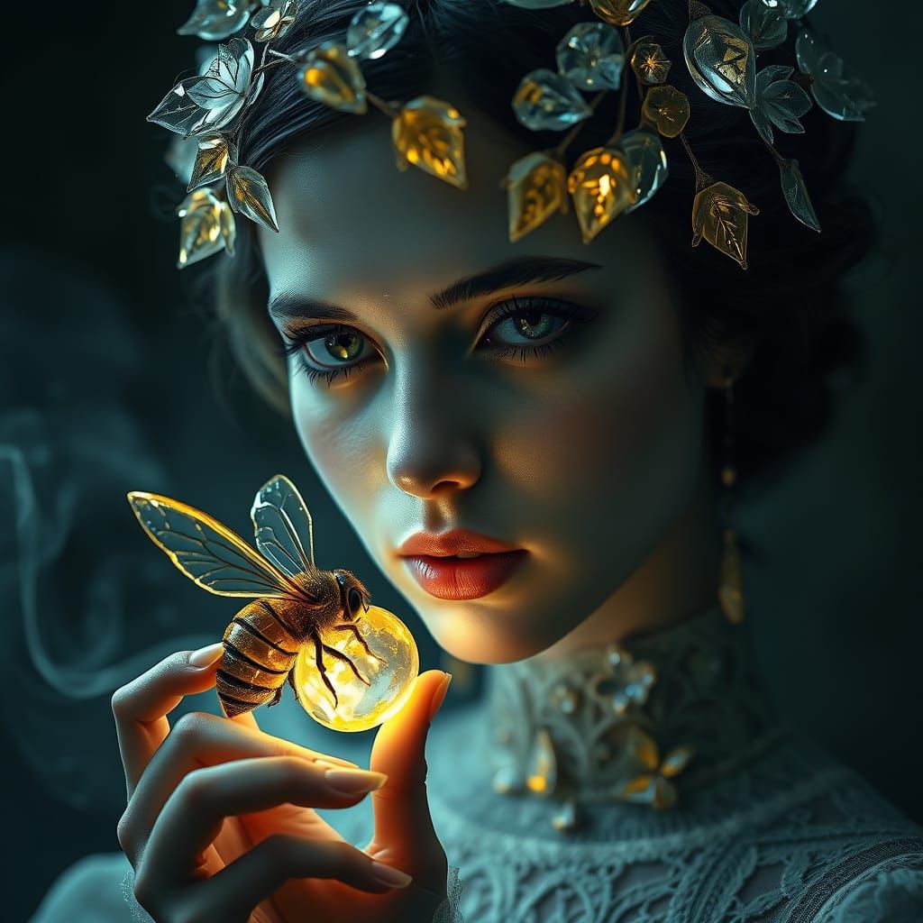 Surreal Goddess with Golden Bumblebee and Glass Leaves in Et...