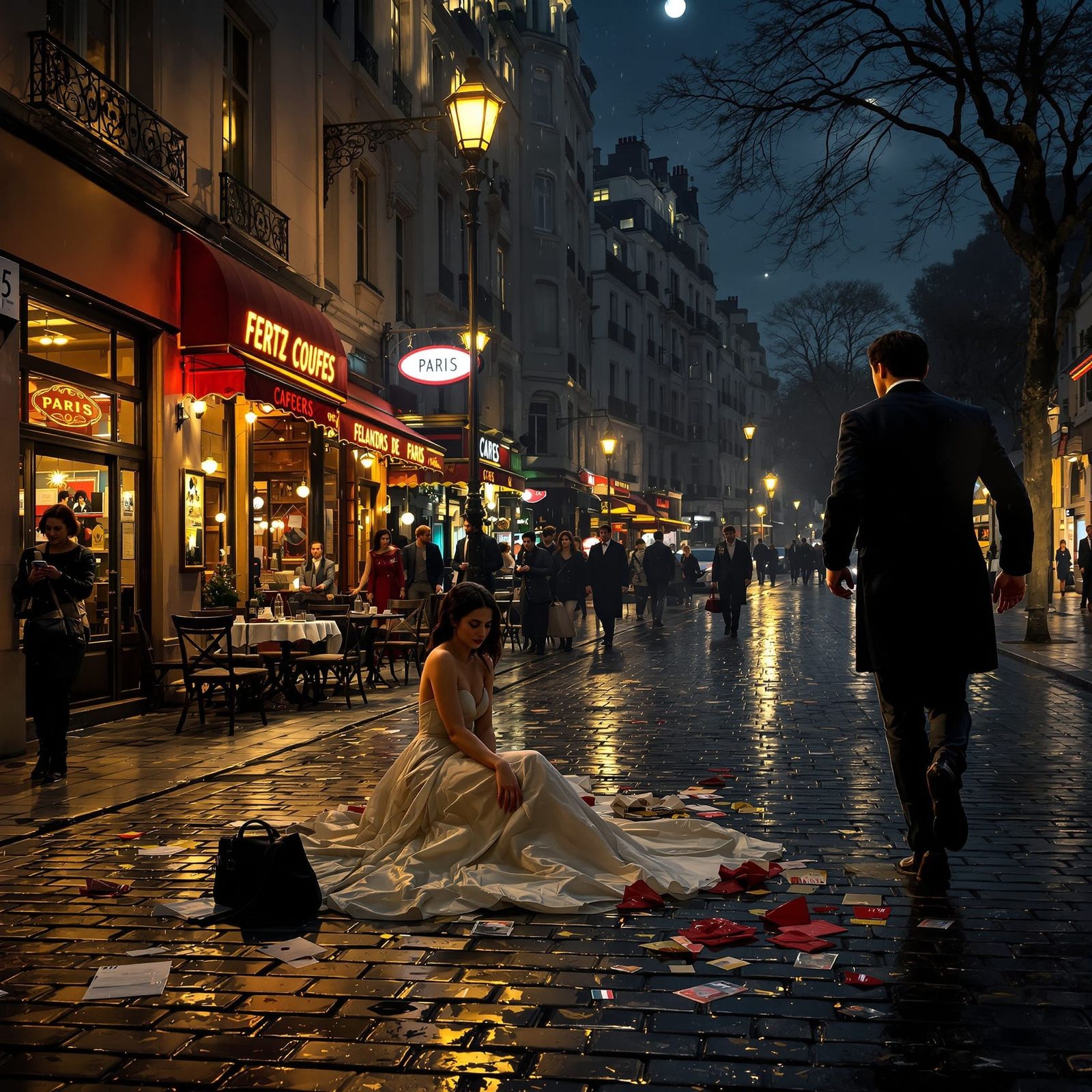 Moonlit Paris Street Scene with Elegant Cafés
