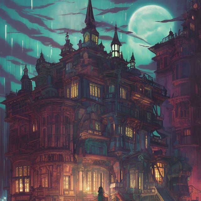 Cyberpunk Victorian Haunted Mansion Digital Illustration