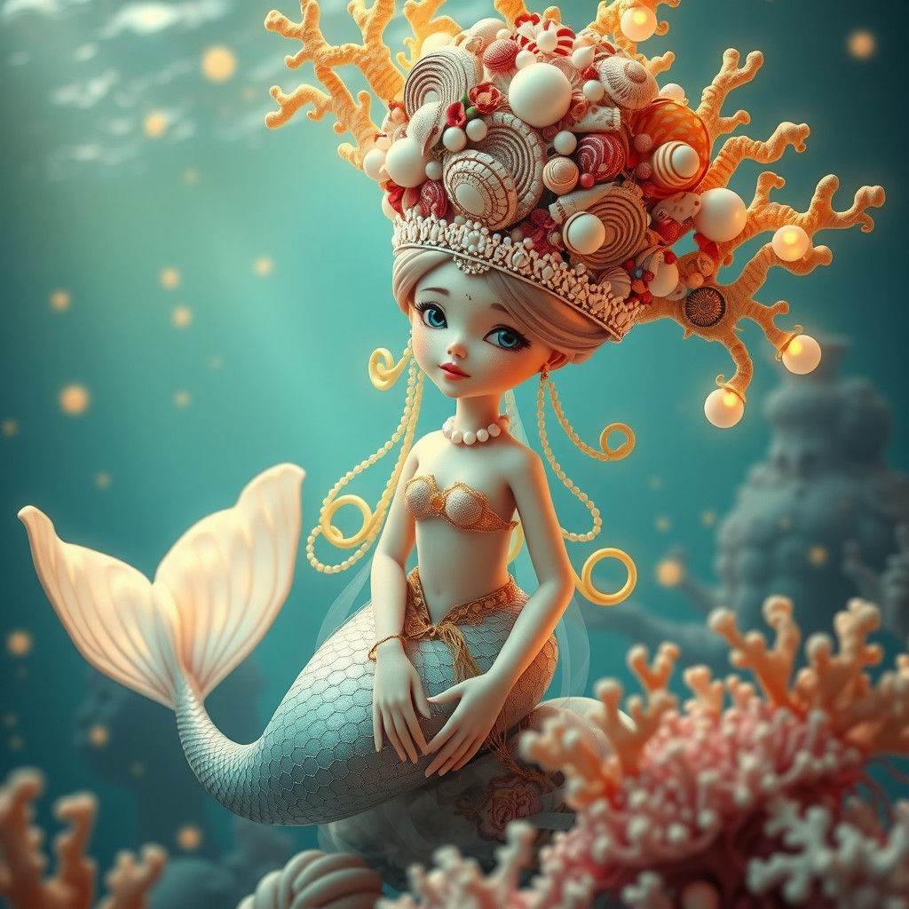 Whimsical Mermaid with Seashell Hat in Volumetric Lighting