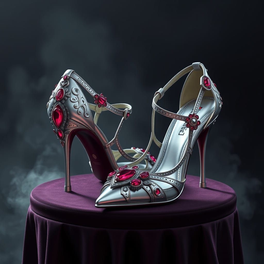 Luxurious Ruby Slippers in a Mystical, High-Concept Setting