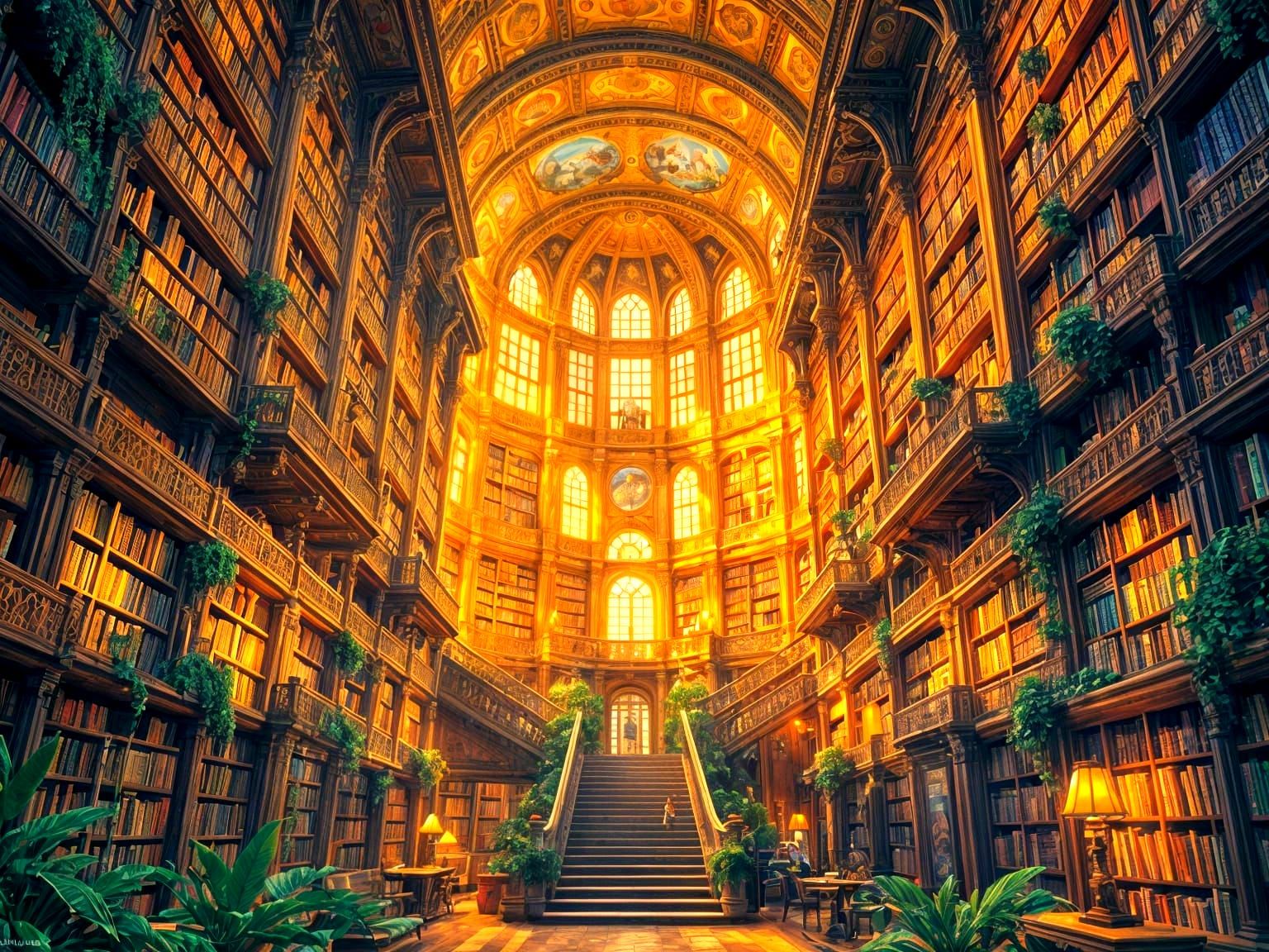 Epic Fantasy Library in Vibrant Gouache Style