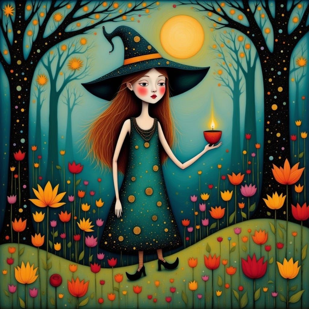 Whimsical Witch Casts Spells in Vibrant Springtime Scene, In...