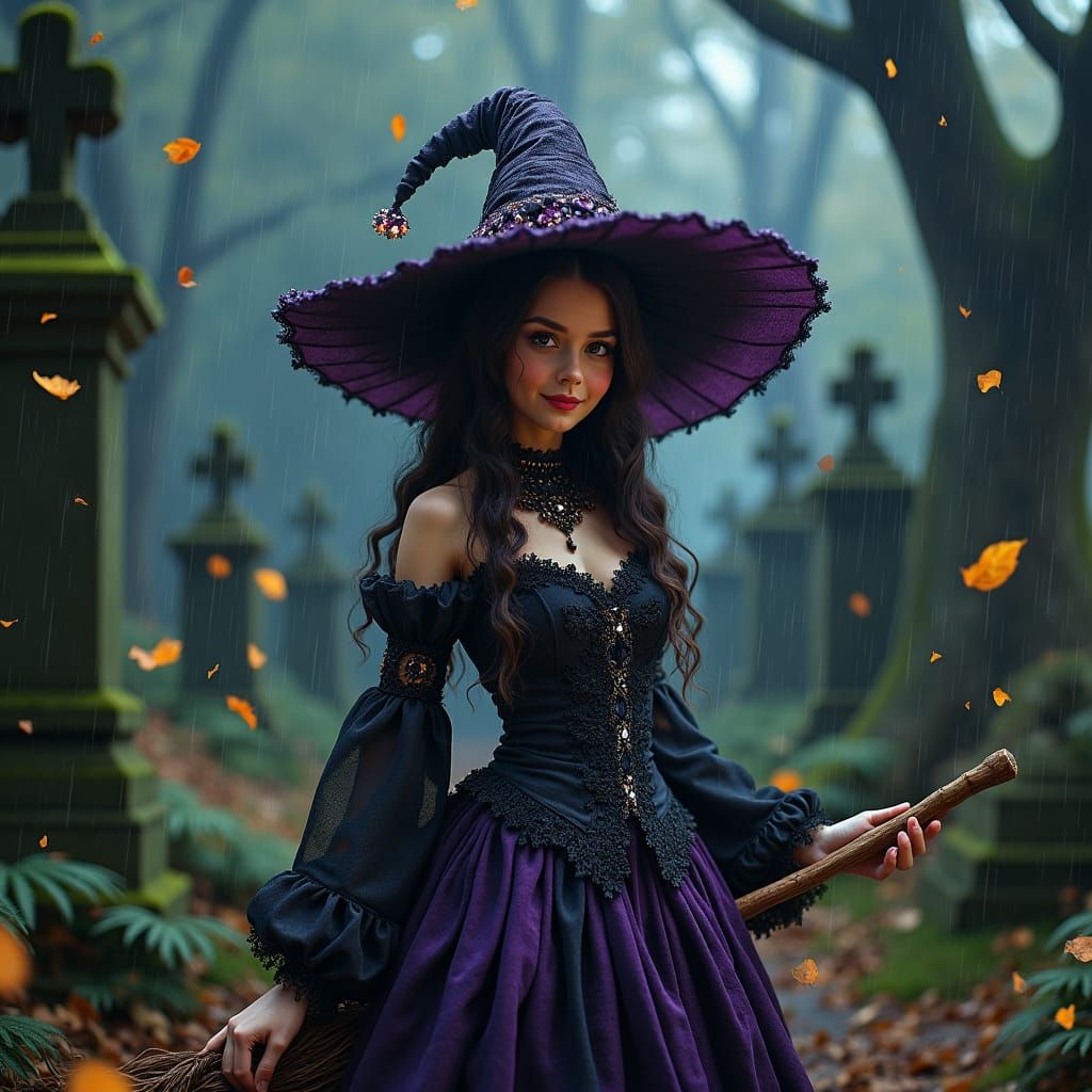 Cute Witch in Stormy Forest Cemetery, Dark Fantasy Art