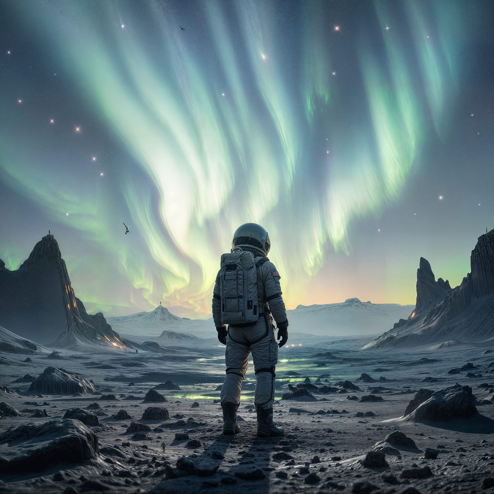 Astronaut on Alien Planet with Aurora Borealis