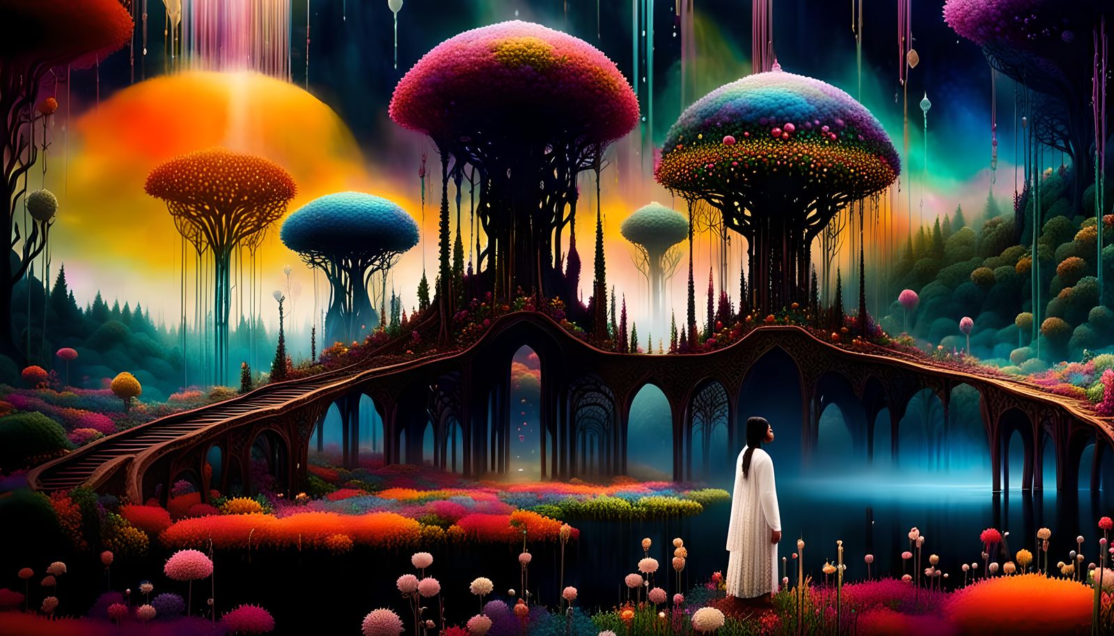 Psychedelic Meadow in Huichol Yarn Painting Style