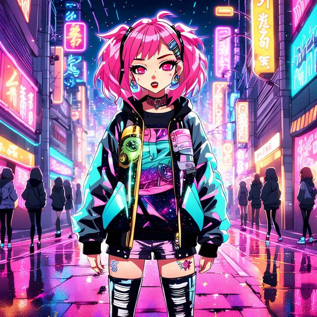 Trendy Anime Girl in Neon Cityscape