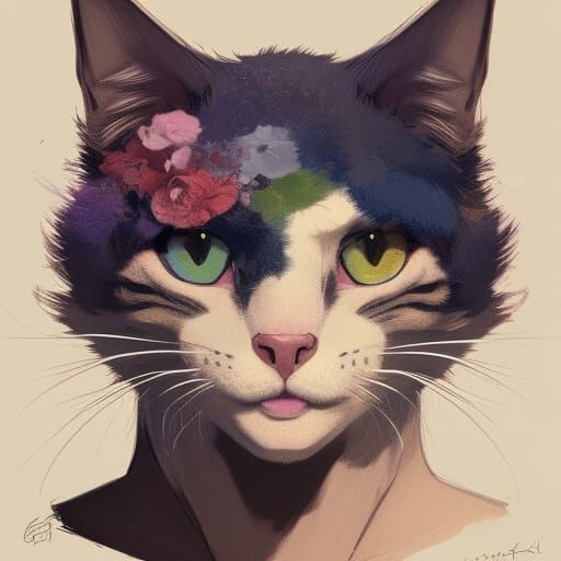 Detailed Cat Fursona Portrait in Art Nouveau Style