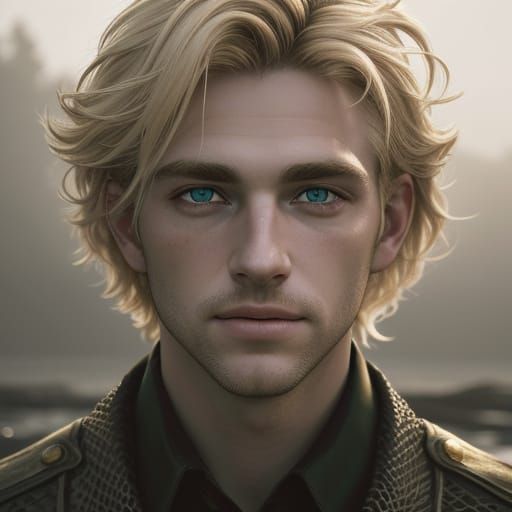 Blond Man with Intense Green Eyes in Moody Portrait