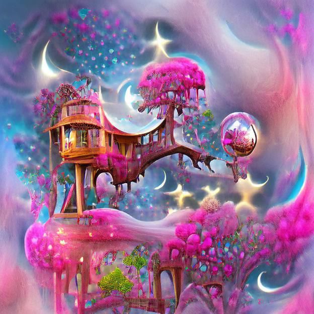 Magical Treehouse with Pink Bubbles in Moonlight