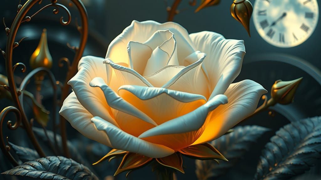 Mystical Clockwork Rose Unfolds in Dark Fantasy Garden