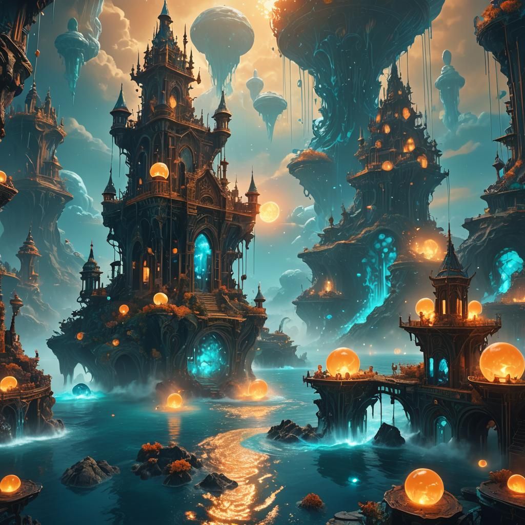 Magical Structures Floating in Blue Sea: Concept Art