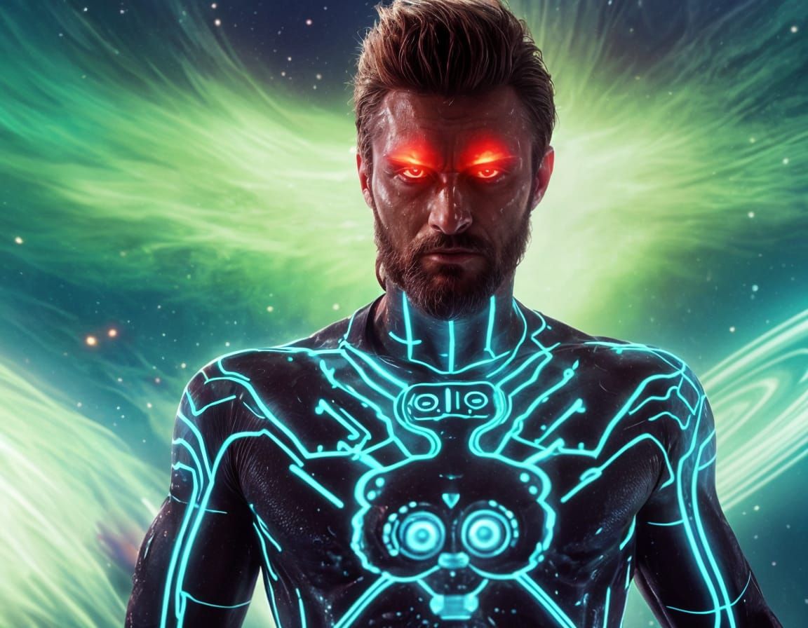 Muscular Man Runs on Nebula Planet in Tron Style