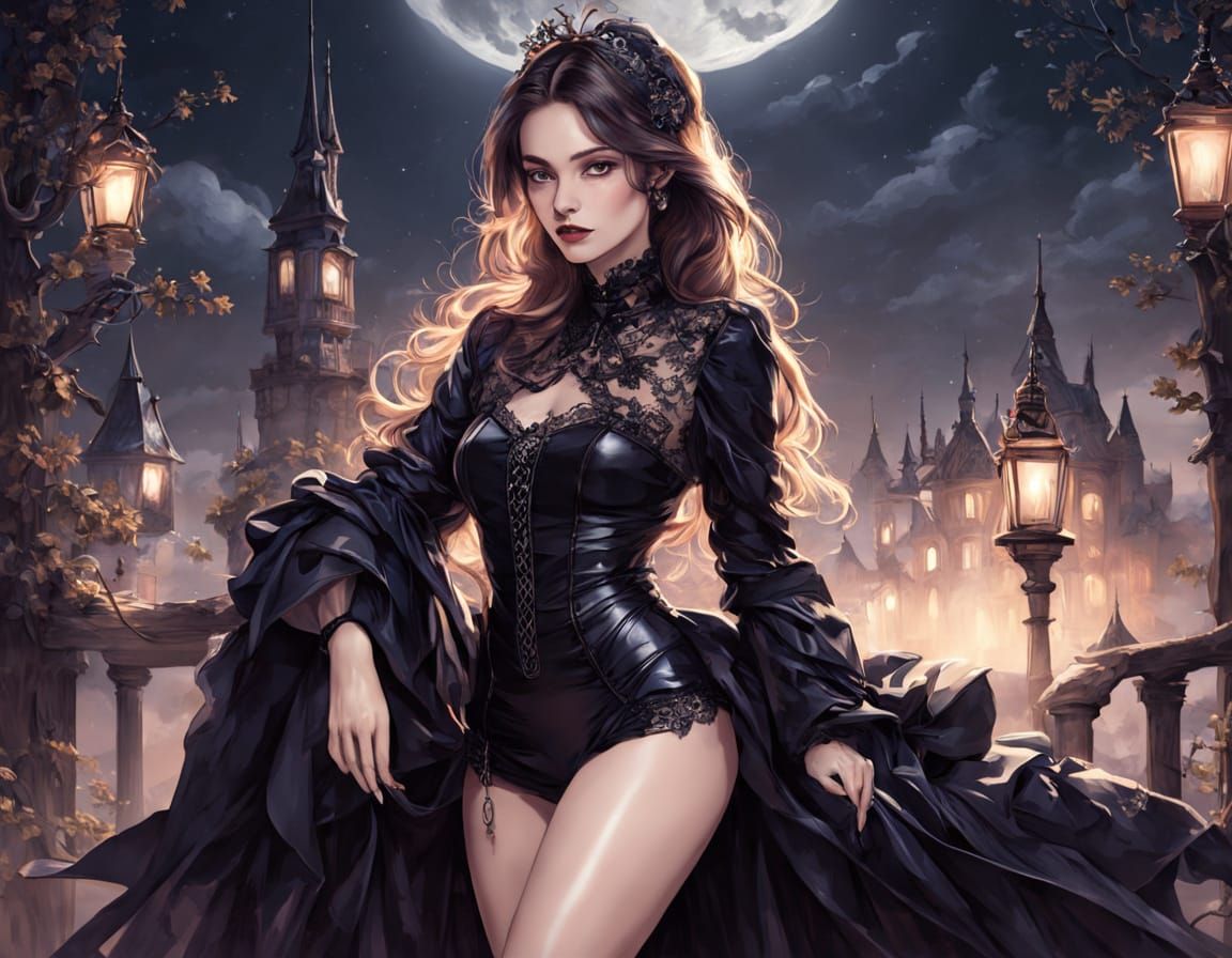 A striking scene unfolds with an elegant witch with very lon...