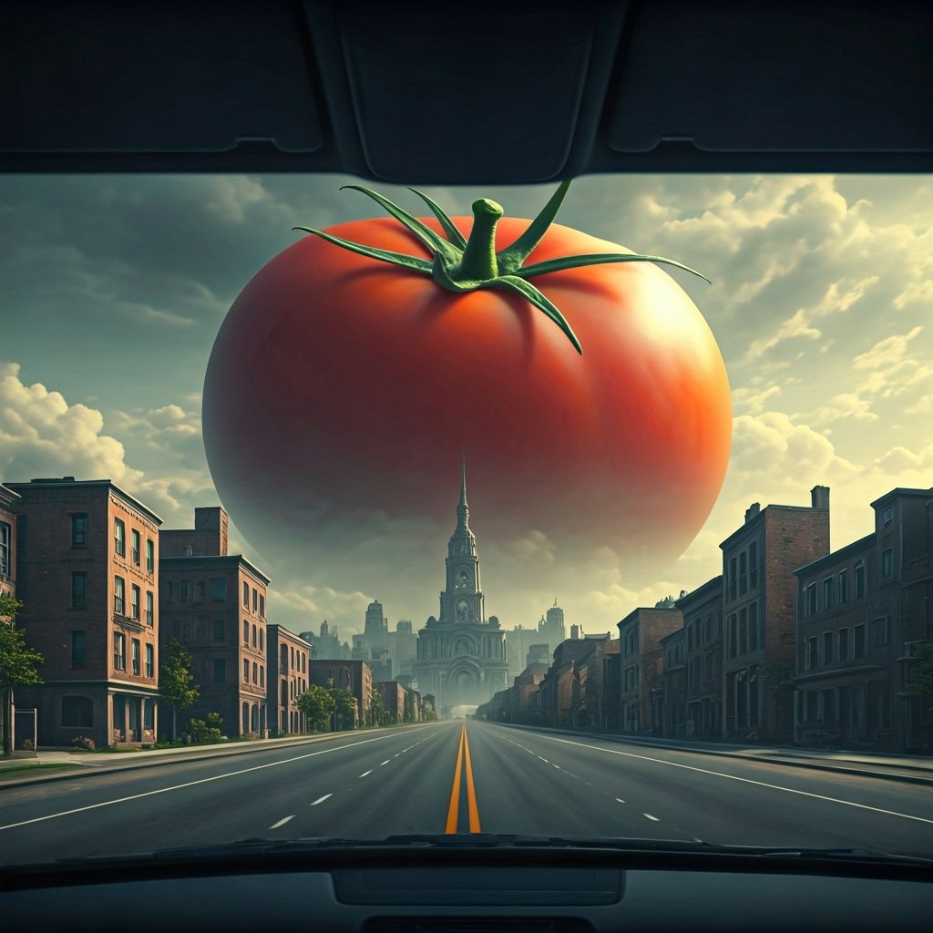 Colossal Tomato Building in Distant Town