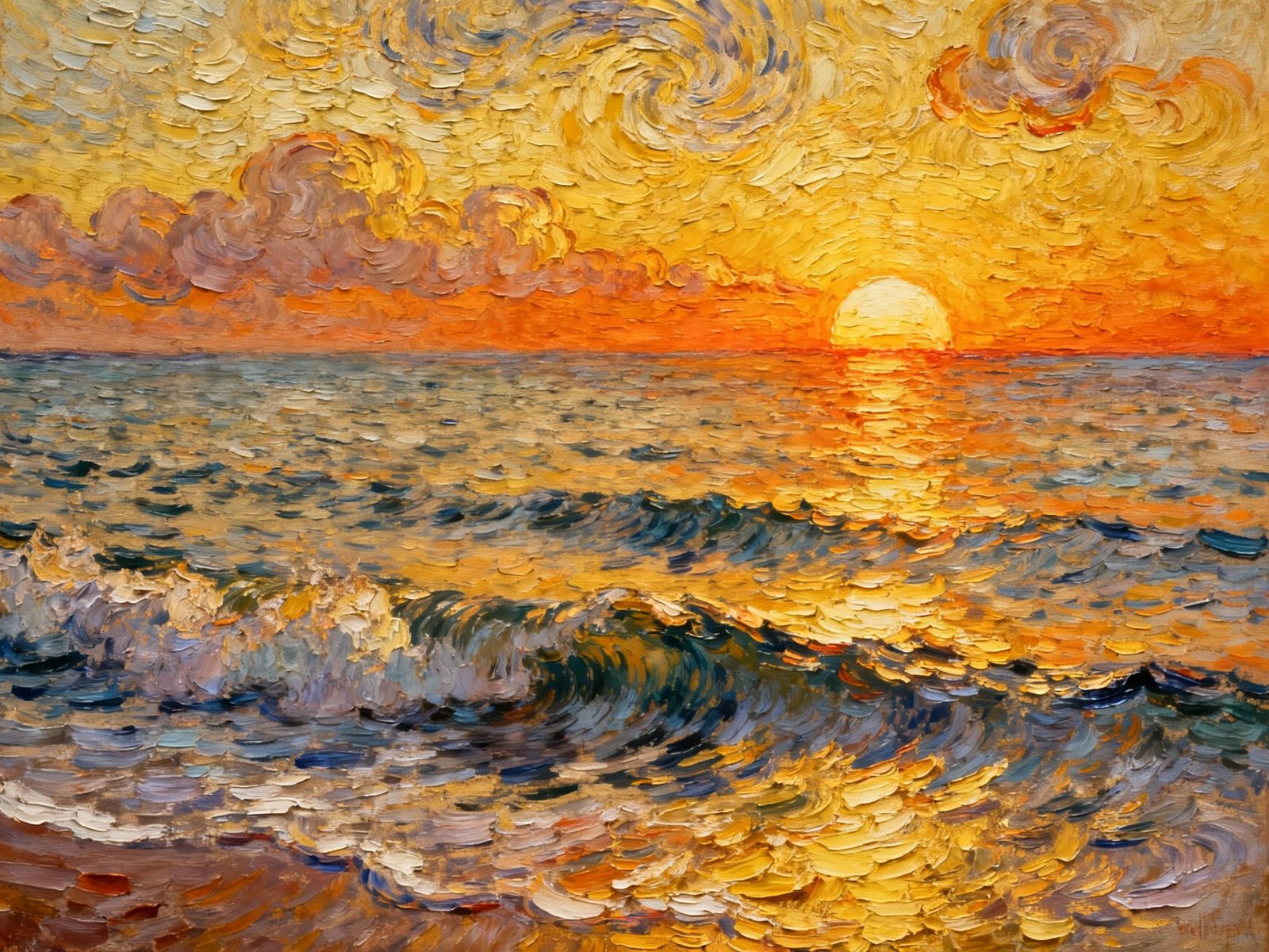 Impasto Painting of a Calm Sea at Golden Hour Sunset