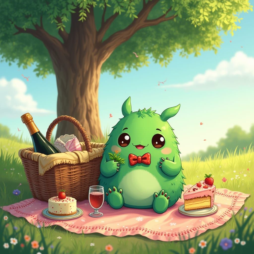 Kawaii Guitar-Shaped Monster in a Sunny Meadow