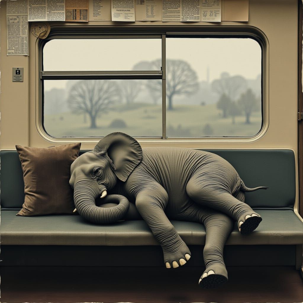An Elephant in a Train, Captured in a Dreamy Inkcut Style