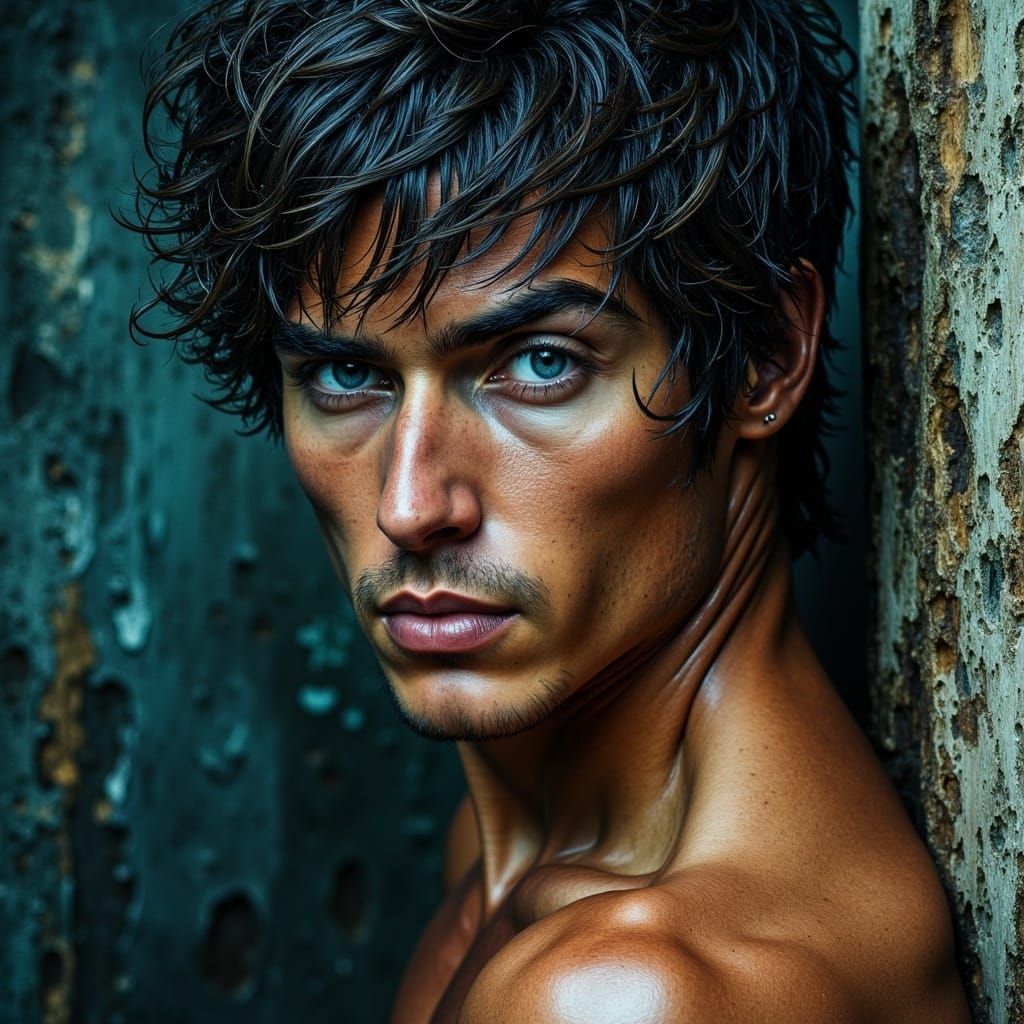 Intense Young Hero Amidst Weathered Ruins