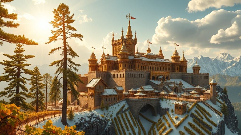 Golden Viking Fortress Amidst Majestic Landscape