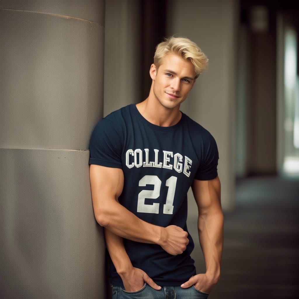 Handsome Muscular Blond Man in College T-Shirt