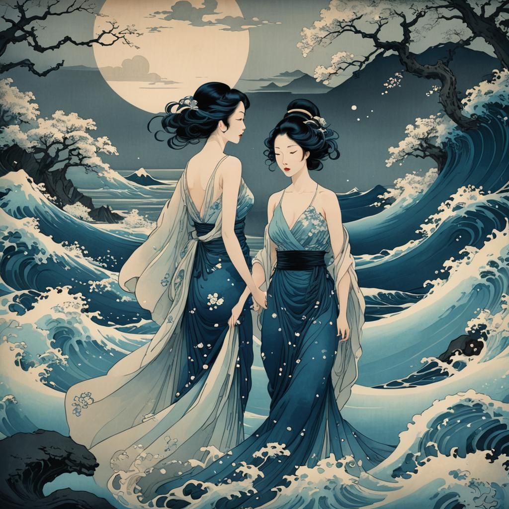 Bioluminescent Water Gown in Hokusai and Earle Style