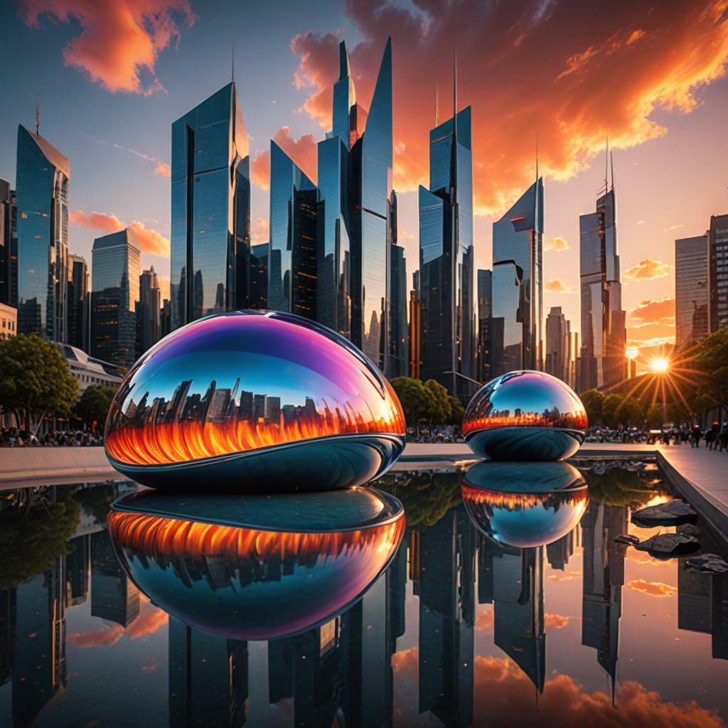 Futurist Chrome City at Sunset