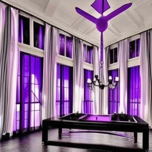Black light purple glow gothic penthouse& purple walls with black accents& purple Gothic windows with Black curtains& pu...