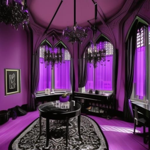 Black light purple glow gothic penthouse& purple walls with black accents& purple Gothic windows with Black curtains& pu...