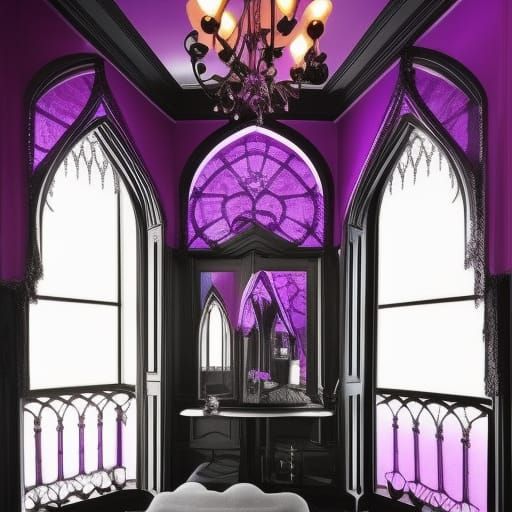 Black light purple glow gothic penthouse& purple walls with black accents& purple Gothic windows with Black curtains& pu...