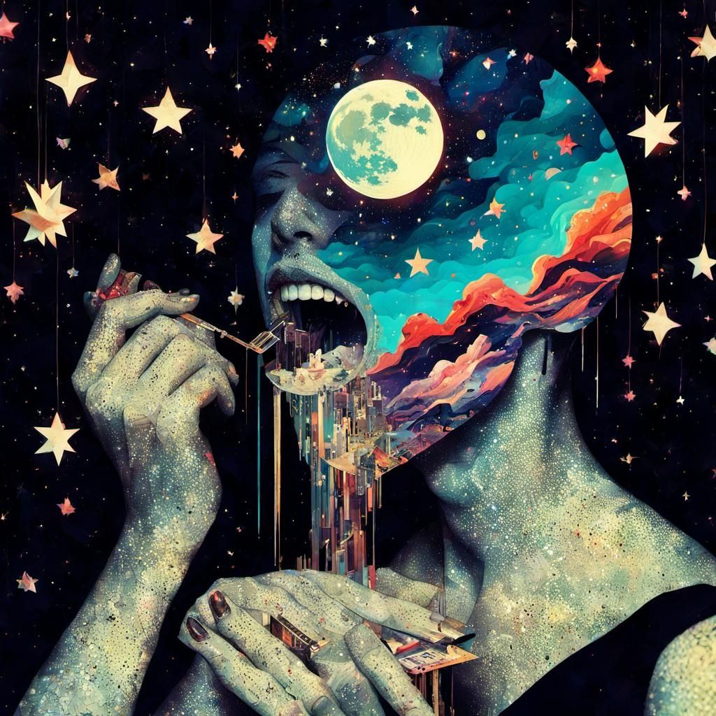 Surreal Starry Hunger in Double Exposure Collage