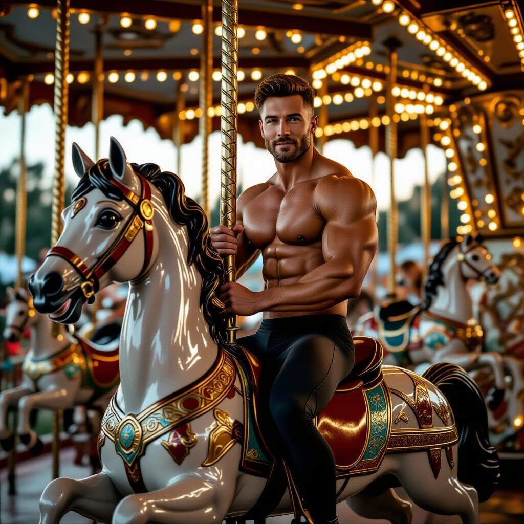 Muscular Man Rides Vintage Carousel Horse at Night