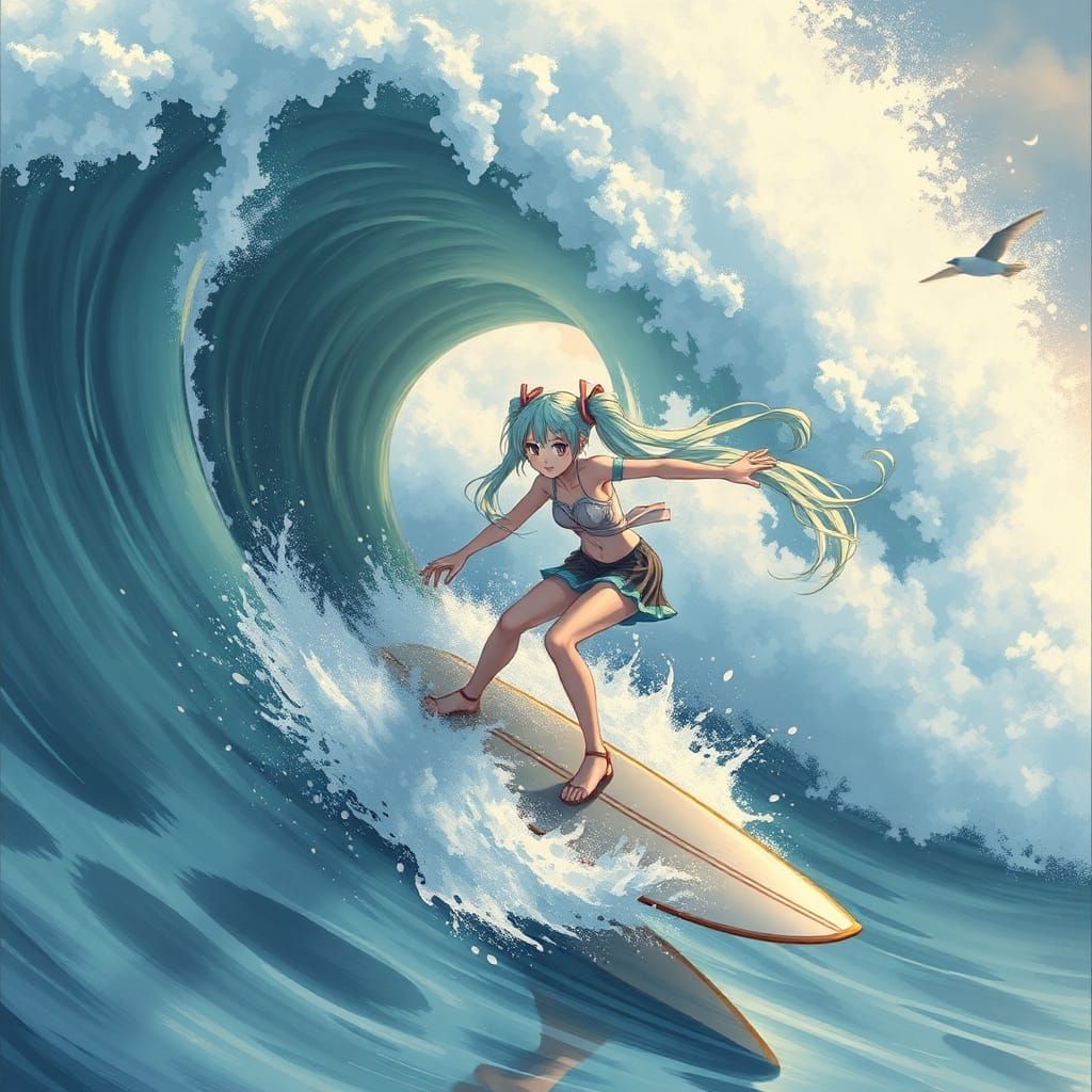 Hatsune Miku Surfing Monstrous Waves