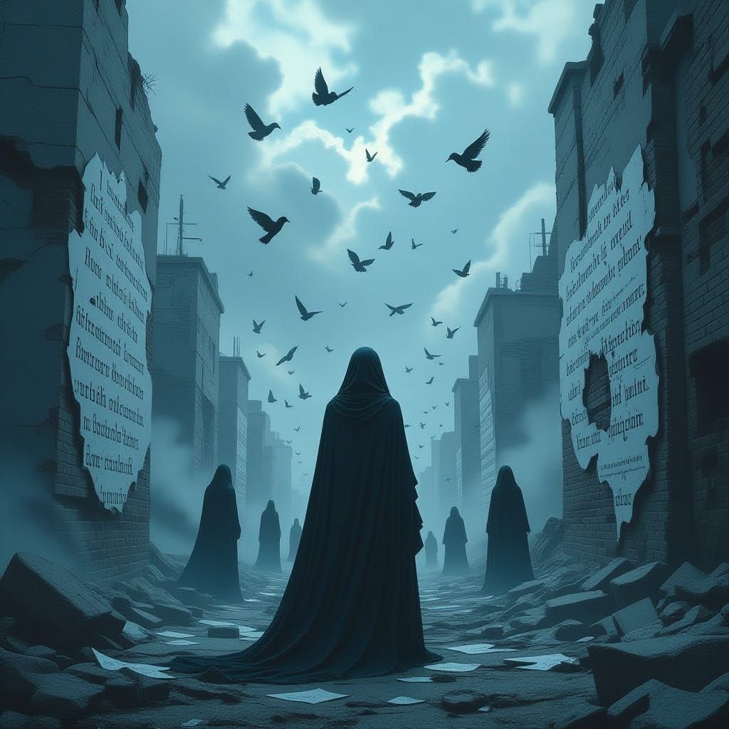 Surreal Cityscape of Broken Memories in Haunting Greys and B...